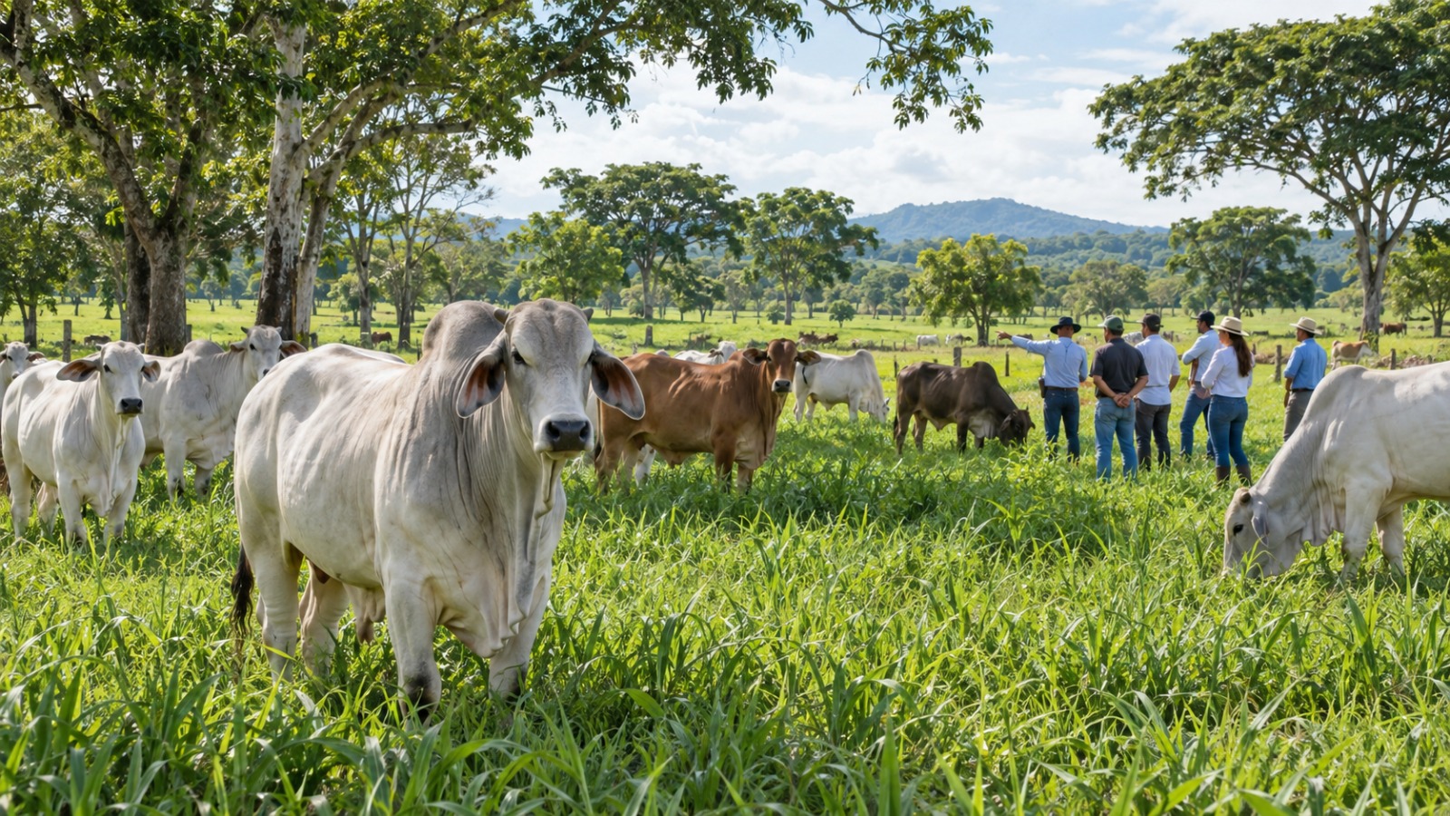 Ganado bovino en una finca y un grupo de visitantes durante una actividad técnica ganadera.